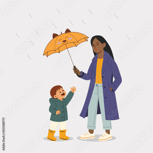 Rainy weather, scene in flat style. Mother and child on a walk. Child protection. Vector illustration