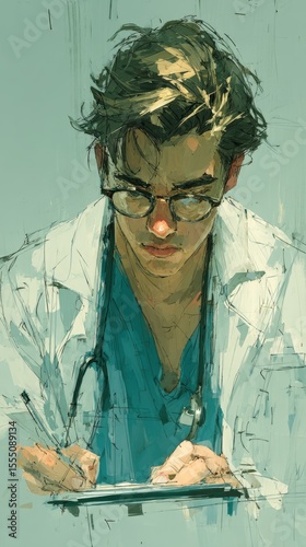 Portrait of a Young Male Doctor Writing in a Chart