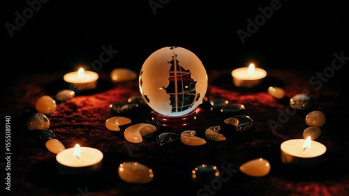 mystical crystal ball surrounded by glowing candles and decorative stones, creating an enchanting atmosphere for divination and reflection