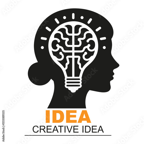 light bulb vector illustration, creative idea with woman bright brain vector