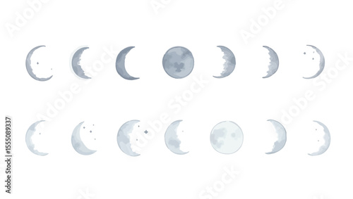 Watercolor moon phases in minimal style on white background. Perfect for astronomy, astrology, night sky and mystical designs.