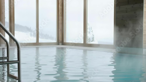 serene indoor swimming pool surrounded by foggy windows showcasing a tranquil winter landscape, perfect for relaxation and rejuvenation in a wellness retreat