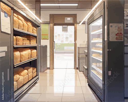 Empty bakery section displaying various types of bread in a modern supermarket, offering a wide selection to customers