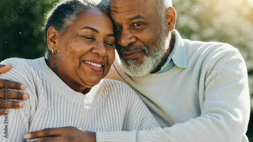 elderly african couple sharing a loving moment together outdoors, expressing joy and intimacy while enjoying their golden years in a serene environment