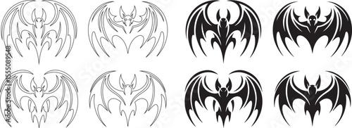 Flying Bat Silhouette and Outline Set for Halloween Designs