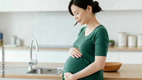 happy pregnant woman gently cradling her baby bump in a modern kitchen, reflecting joy and anticipation of motherhood in a serene environment