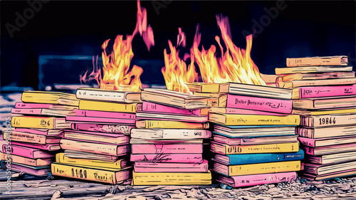 Pile of colorful books burning, depicting censorship, freedom of speech, and book burning