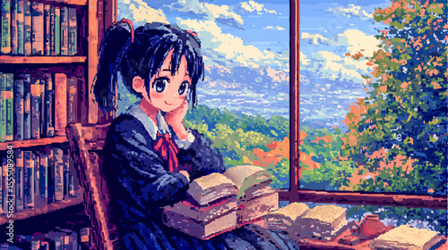 Pixel art illustration of a student reading books in a library with a large window overlooking a beautiful landscape