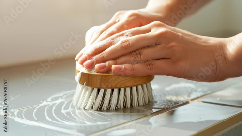 young woman cleaning kitchen tiles with a brush using soap and water, focused on maintaining hygiene and cleanliness in domestic space