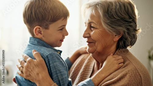 young boy sharing a tender moment with his elderly grandmother, embracing each other warmly in a cozy, sunlit room filled with love and familial connection