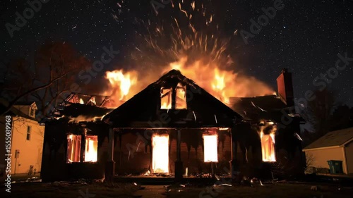 Burning House at Night with Flying Embers