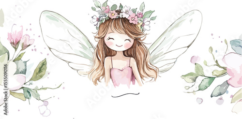 Watercolor Fairy Girl with Flower Crown and Wings Illustration