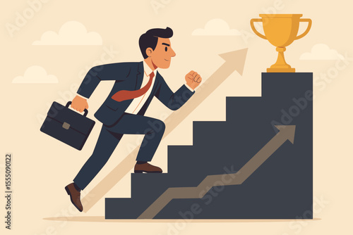 Career growth concept. Ambitious businessman with briefcase climbing stairs to reach trophy. Metaphor for success, promotion, and achievement. Professional development path. Vector.