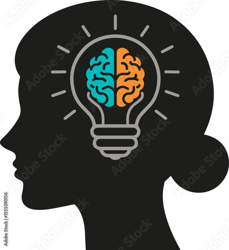 human head with light bulb, women bright brain 