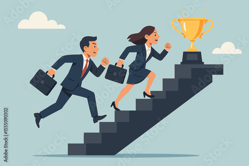 Business rivalry concept with employees competing up the career ladder stairs to win a gold trophy. Man and woman in a race for corporate success, leadership, and ambition vector.