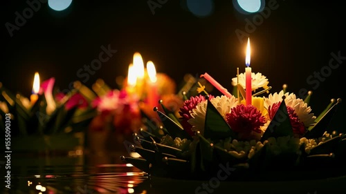Colorful krathong decorated with flowers and lit candles floating on water at night during loy krathong festival