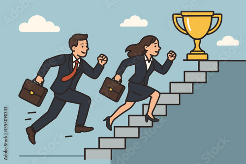 Business rivalry with employees competing up stairs to win a trophy. Career ladder and competition concept. Man and woman race for success, achievement, and promotion goal.