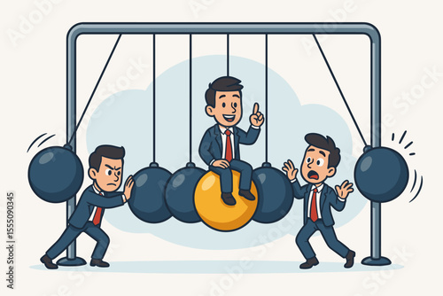 Business startup metaphor with Newton's cradle pendulum. Concept illustrates action, reaction, cause and effect. Businessman creates momentum for a new idea, showing the consequences.
