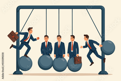 Business Newton's cradle metaphor of action and reaction. Startup concept showing cause, effect, momentum, and chain reaction. Corporate strategy and market disruption vector.