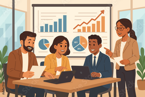Business team meeting for financial data analysis. Diverse colleagues collaborating on a presentation with charts and graphs for company growth and profitability. Vector illustration.