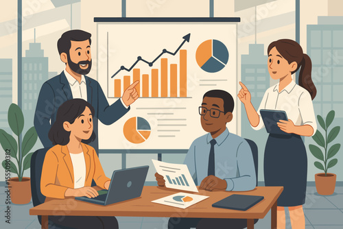 Diverse business team collaborating on financial data analysis in a modern office. Colleagues discuss company growth, strategy, and profitability during a presentation with charts.