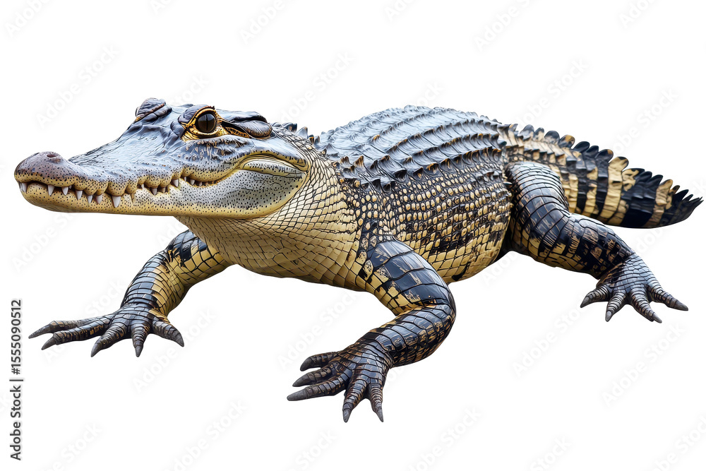 Naklejka premium Crocodile resting on a transparent background with detailed features showcasing its scales and powerful body structure