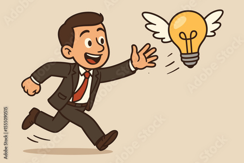 Cartoon businessman running to catch a flying lightbulb idea with wings. Concept of pursuing innovation, inspiration, and creativity. Metaphor for entrepreneurial opportunity.