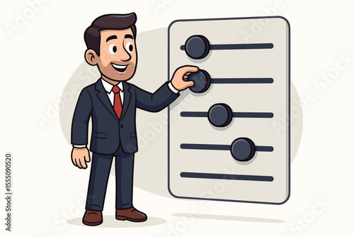 Manager adjusting system settings on control panel with sliders. Business process optimization, customization, and quality management concept. Man configuring options. Vector illustration.