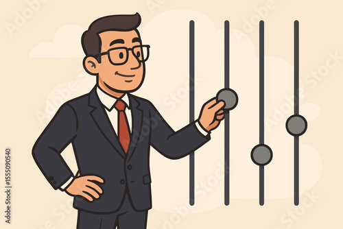 Businessman adjusting settings panel with sliders. Business metaphor for control, management, optimization, and customization. Quality regulation and fine-tuning performance. Vector.