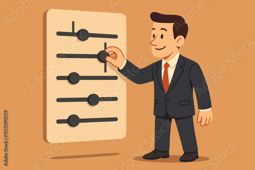 Businessman adjusting system settings with sliders on a control panel. Business concept of quality control, optimization, management, and customization. Manager fine-tuning performance.