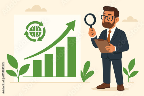 Sustainable business development concept with analyst inspecting ESG growth chart. Green investment, environmental progress, and corporate social responsibility analysis. Vector.