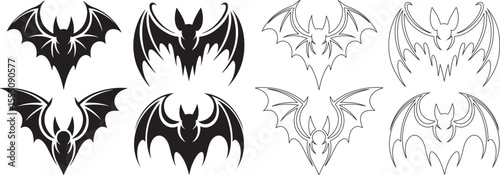 Flying Bat Silhouette and Outline Set for Halloween Designs