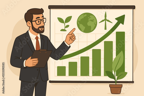 Businessman presenting sustainable business progress. Green growth chart for eco-friendly development. ESG investment and corporate social responsibility concept. Ecology and economy.