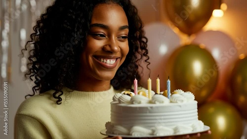 young african woman celebrating birthday with beautiful cake adorned with candles and surrounded by colorful balloons, showcasing happiness and festive atmosphere
