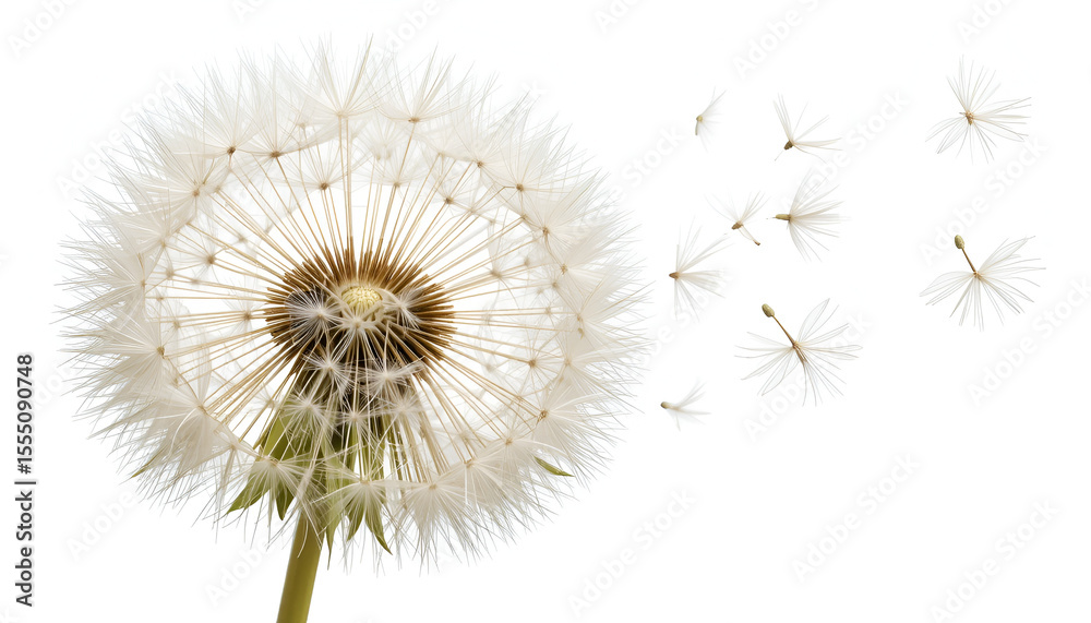 Fototapeta premium Delicate dandelion seed head with seeds dispersed on a transparent background, offering a natural and graceful botanical element.