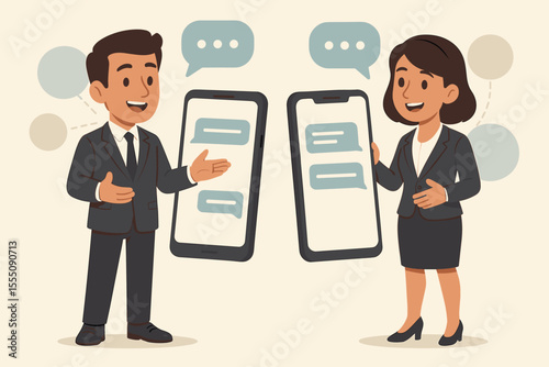 Business communication concept. Businessman and businesswoman team having online chat on mobile phone. Corporate collaboration and networking via messenger app. Vector illustration.