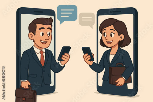 Business communication concept with businessman and businesswoman chatting online on mobile phone. Remote work, digital networking, team collaboration, and online messaging app.