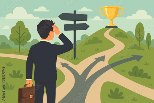 Career choice concept. Businessman at crossroads making a decision. Man with briefcase choosing path to success, facing a dilemma about future opportunities and career growth.