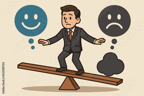 Psychological balance concept with man on seesaw between happy and sad thoughts. Metaphor for mental health, emotional stability, mood swings, bipolar disorder, and inner conflict.