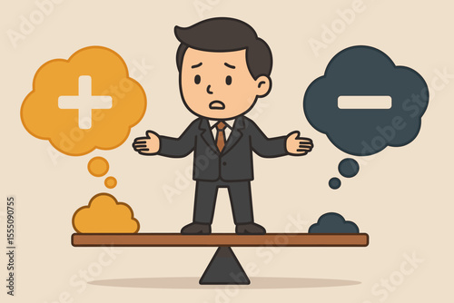 Businessman balancing positive and negative thoughts on seesaw, psychological equilibrium concept, mental health, decision making, stress management, vector cartoon illustration