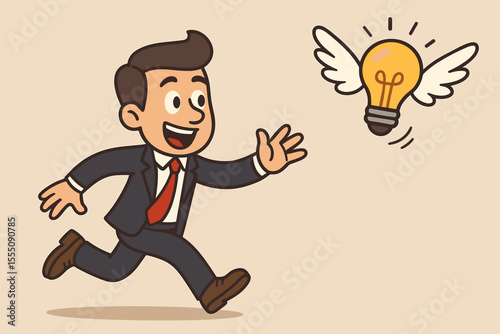 Happy cartoon businessman chasing a flying light bulb with wings. Metaphor for the pursuit of innovative ideas, inspiration, creativity, and finding a business solution. Ambition concept.