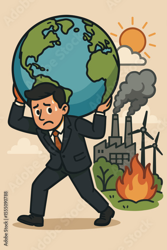 Businessman Carrying Earth Climate Change Burden, Global Warming Responsibility, Environmental Crisis, Pollution, Wildfire, Renewable Energy, Factory Emissions, Sustainability Vector Illustration