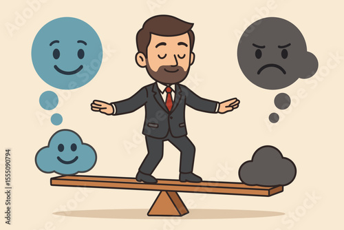 Man balancing positive and negative thoughts on a seesaw. Metaphor for mental health, psychological equilibrium, and emotional intelligence. Mood swings, stress control, and mindset.