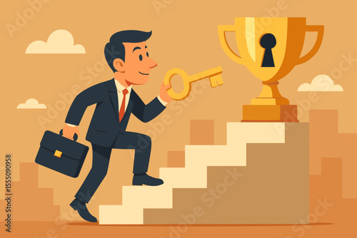 Businessman climbing the career ladder with the key to success. Man with briefcase walks up stairs to a gold trophy. Metaphor for ambition, goals, and achievement. Vector cartoon.