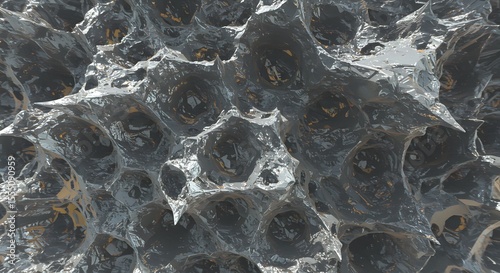 Abstract dark grey, porous, organic-looking texture resembling a dense, cavernous rock formation.