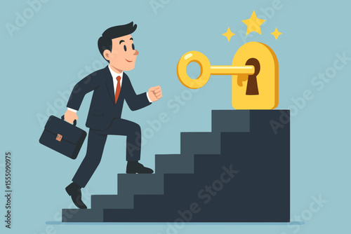 Businessman climbing stairs to unlock success with a golden key. Career growth, achievement, and opportunity concept. Metaphor for reaching goals, progress, ambition, and motivation.