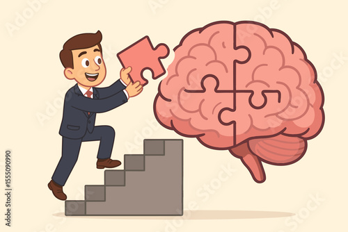 Businessman climbing stairs adding last puzzle piece to human brain. Concept for mental health, psychology, self improvement, personal development, knowledge, and problem solving.