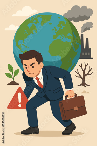 Businessman Carrying Earth Burden Climate Change Responsibility Concept, Environmental Crisis, Global Warming, Pollution, Sustainability, Corporate Action, Eco Warning, Vector Illustration