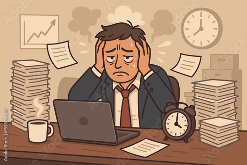 Businessman dealing with a high-stress workload. Concept of professional burnout, pressure, and anxiety. Overworked employee feeling tired and exhausted by deadlines and paperwork.