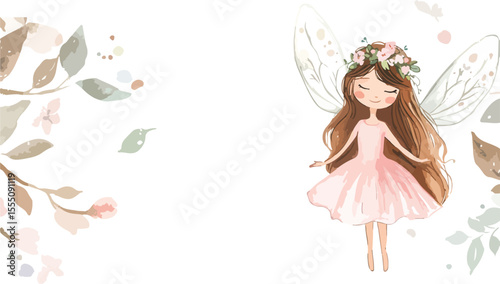 Watercolor Fairy Girl with Flowers and Leaves Illustration on White